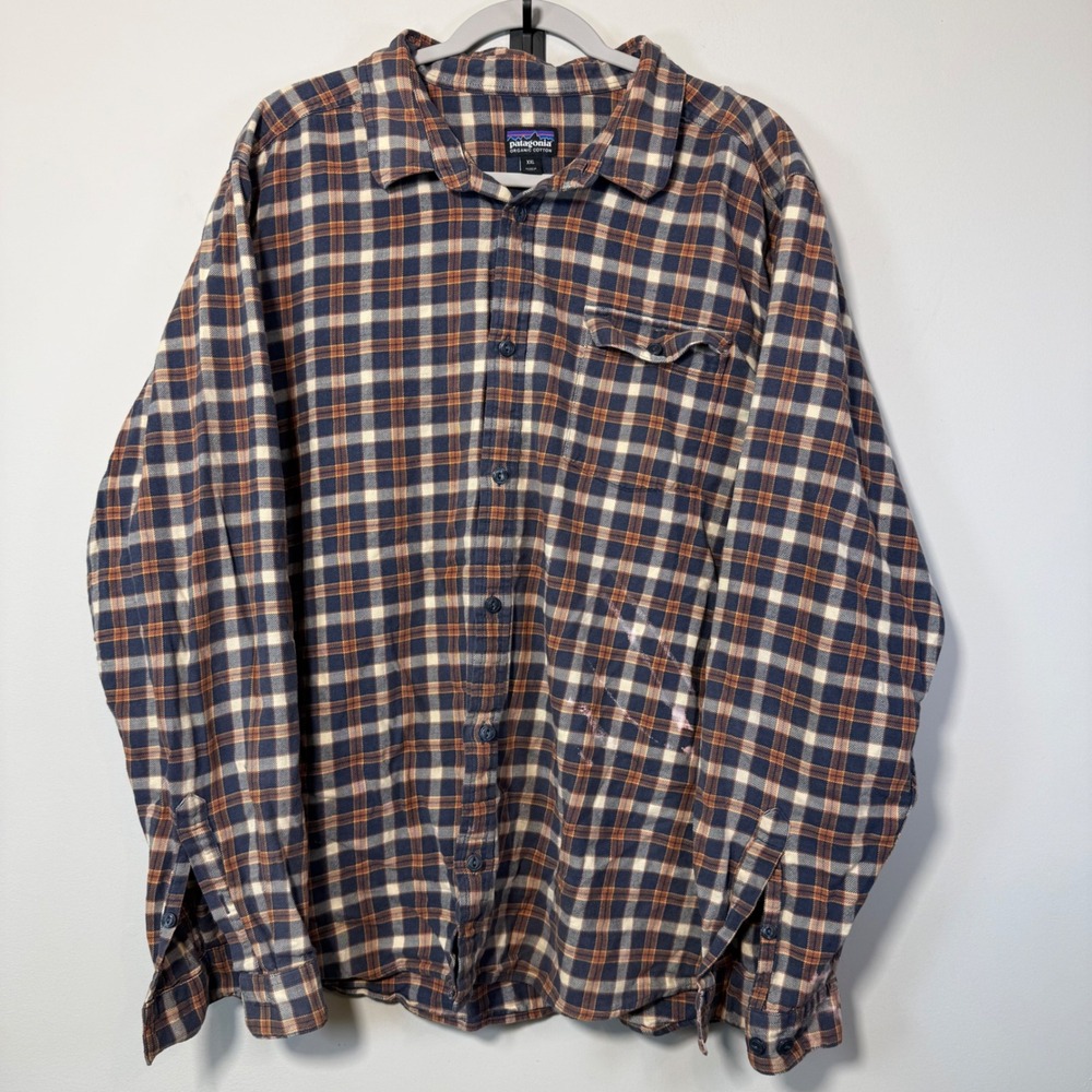 Patagonia Flannel Shirt Men XXL Blue Orange Bleach Distress Plaid Outdoor Cabin